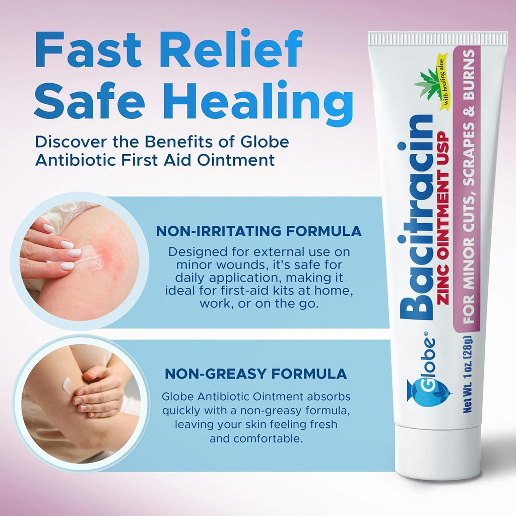 Globe Bacitracin Zinc Ointment with Aloe, Antibiotic Ointment, 4 Pack 1 oz
