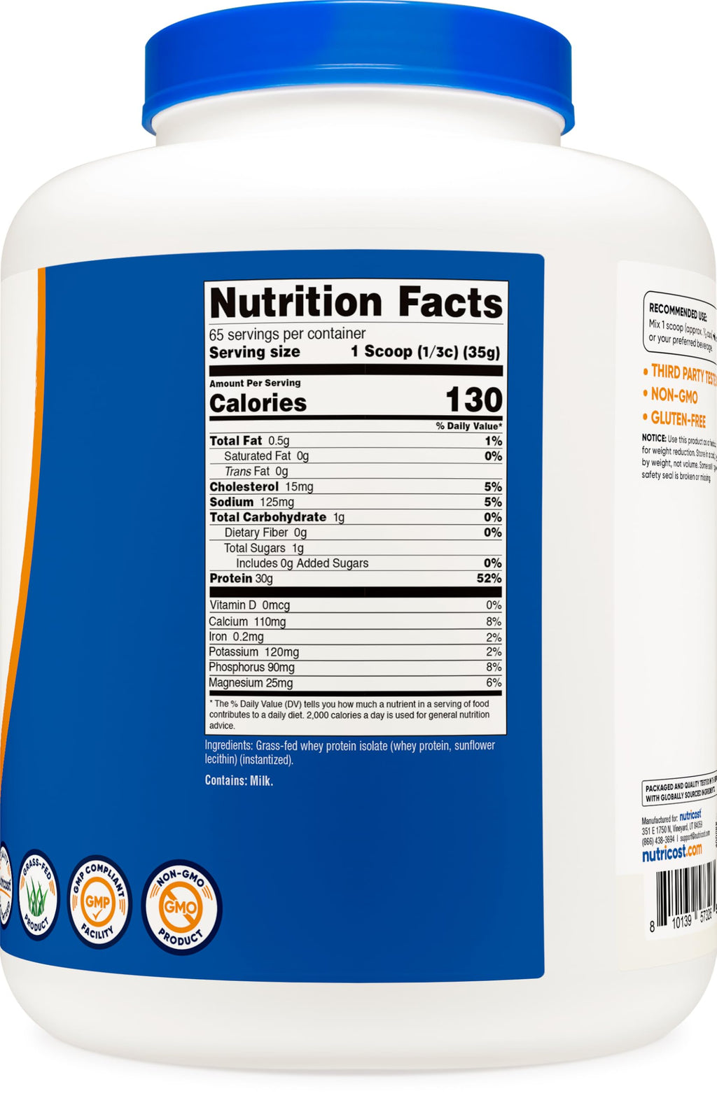 Nutricost Grass-Fed Whey Protein Isolate (Unflavored) 5LBS - rBGH Free, Non-GMO & Gluten Free