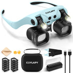 COYLAPY Magnifying Glasses for Close Work, Jewelers Magnifying Glass with Light & 5 Interchangeable Lens Pairs(2X 4X 6X 10x 13x), Headband Loupe Magnifier for Watch Repair,Crafts (Blue)