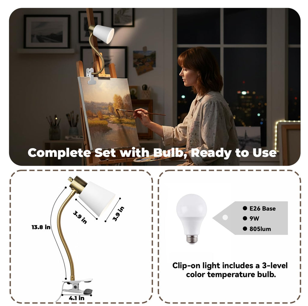 Desk lamp Eye-Caring Table Lamps, 360°Rotation Gooseneck Clip on Lamp Reading Light, Portable Reading Book Light, Clamp Light, Study Desk Lamps for Bedroom and Office Home Lighting (Black and White)