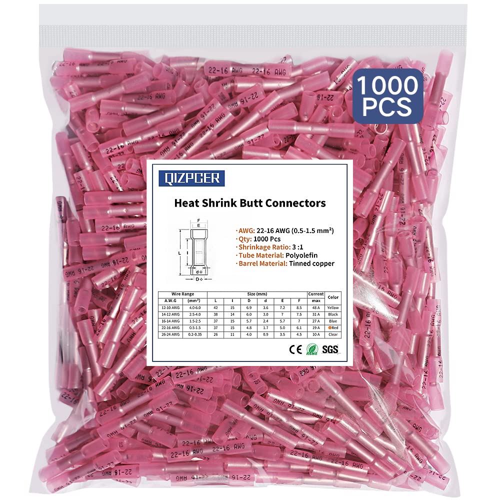 1000 Pcs Heat Shrink Butt Connectors, 22-16 AWG Marine Grade Insulated Crimp Wire Connectors, Waterproof Electrical Connectors Butt Splice for Boat Truck Wiring