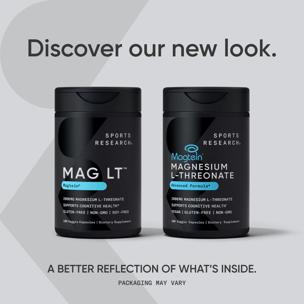 Sports Research® Magnesium L-Threonate Capsules 2000mg - High-Absorption Magtein® for Enhanced Brain Health, Memory, Focus & Restful Sleep Support - Vegan · Non-GMO · Gluten Free - 180 Count