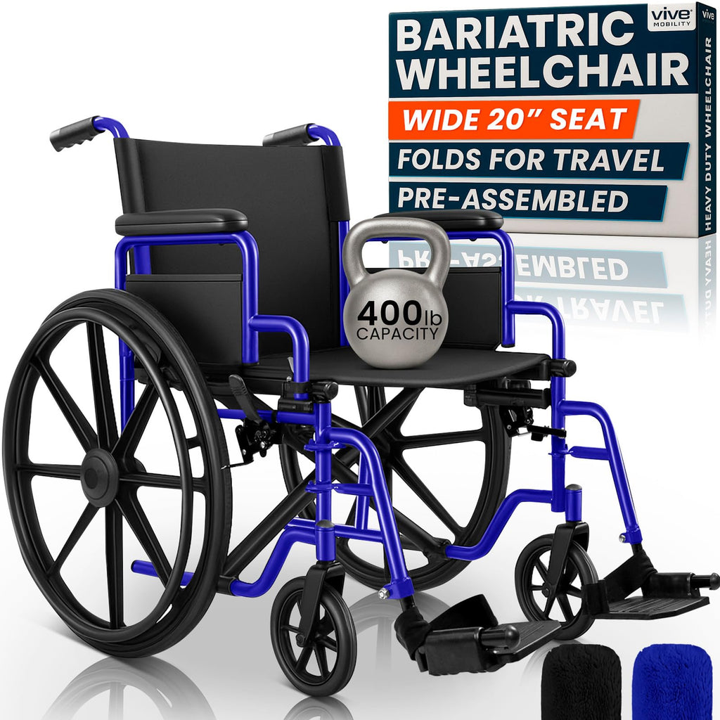 Vive Bariatric Wheelchair for Adults (Supports 400 lbs) - Foldable, Heavy Duty, Manual & Transport Wheel Chair - Portable Senior Drive Travel Scooter for Transfers - Wide 20" Seat
