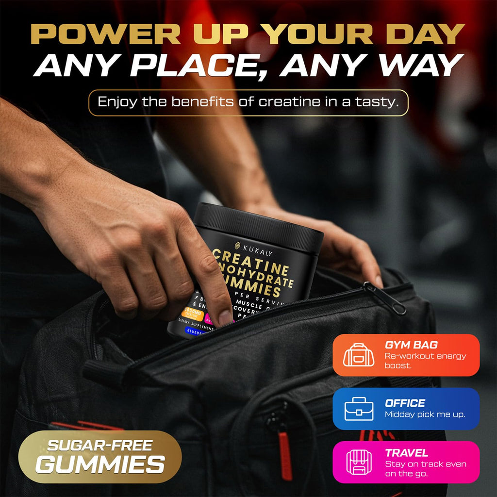 kukaly Creatine Monohydrate Gummies for Men & Women, 9000MG Creatine Gummies Sugar Free - Mixed Flavored with L-Taurine, BCAA 2:1, B12 B6 for Boost Strength, Focus & Endurance, Vegan, Non-GMO, 120pcs