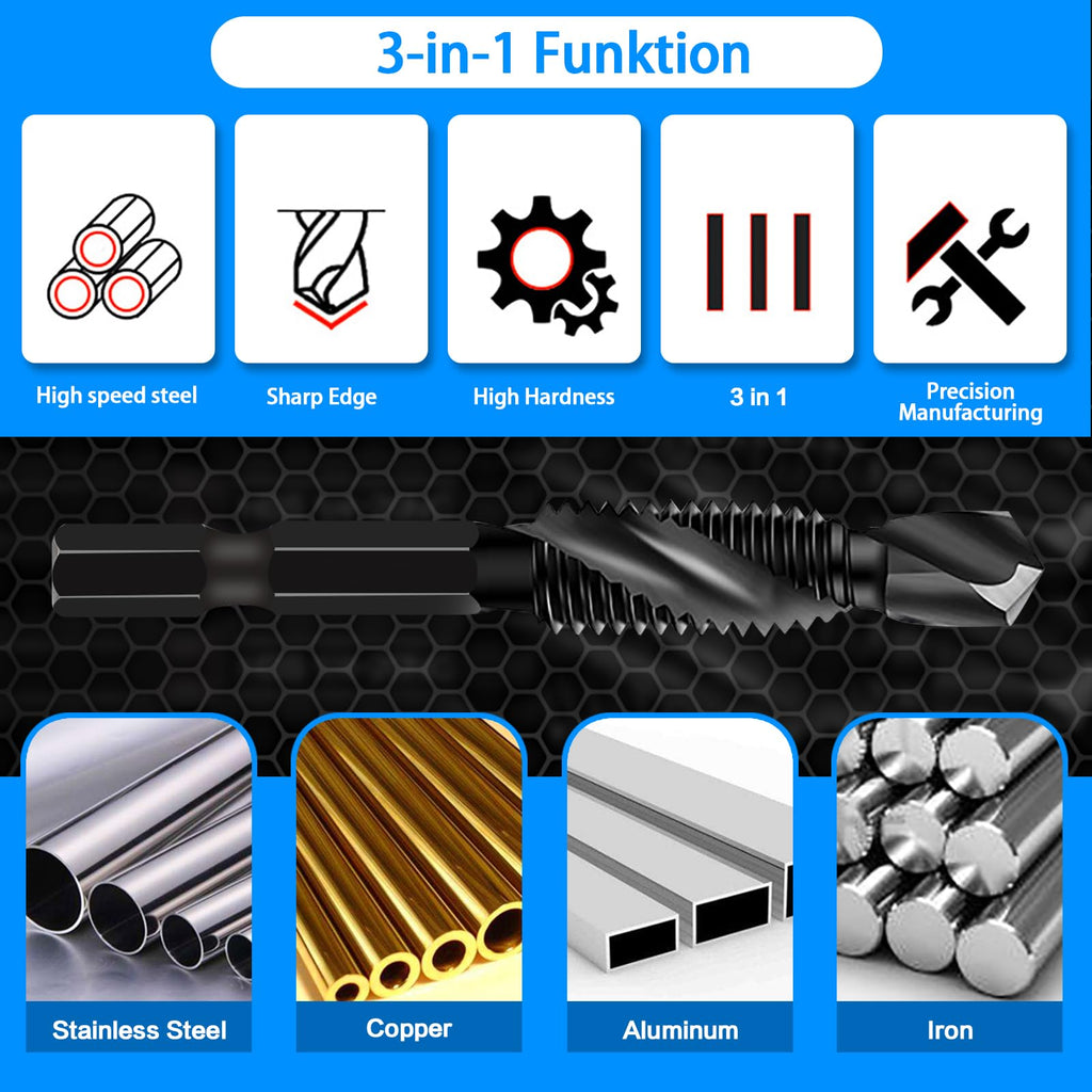 DKIBBITH 6 Packs M6 Combination Drill & Taps Bit Set, Screw Threading Tapping Tools in Size M6*1.0 with Anti-Rust Black Coating, 1/4" Hex Shank and Storage Case