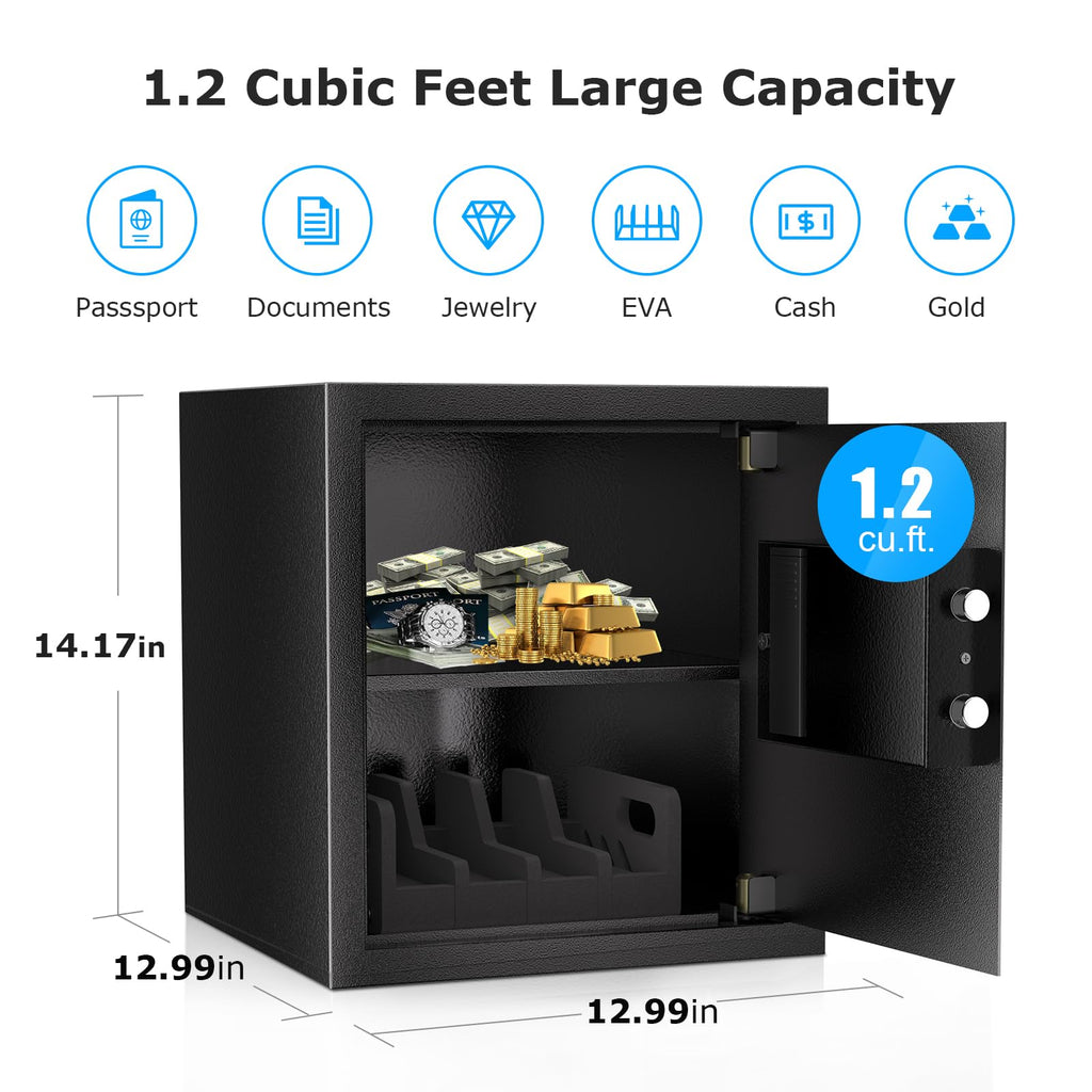 Bonsaii Safe Box with Holder and Removable Shelf, 1.2 Cu. Ft Steel Security Cabinet with Digital Keypad Lock and Type C Port for Home, Office, Valuables, Money, Jewelry, 12.99"W x 12.99"D x 14.17"H
