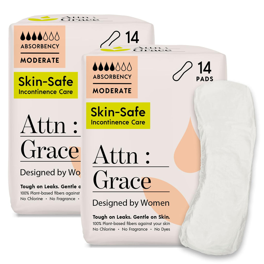 Attn: Grace Moderate Incontinence Pads for Women 2-Pack (56 Pads Total / 28 per Pack) - High Absorbency for Sensitive Skin - Protection for Heavy Bladder Leakage/Discreet, Breathable, & Plant-Based