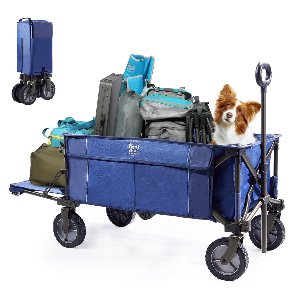 TIMBER RIDGE Tailgate Collapsible Folding Wagon Cart, Heavy Duty Utility Push Pull Beach Wagon Foldable, Outdoor Grocery Cart with Side Pockets for Camping, Garden, Shopping, Holds 225 lbs, Blue