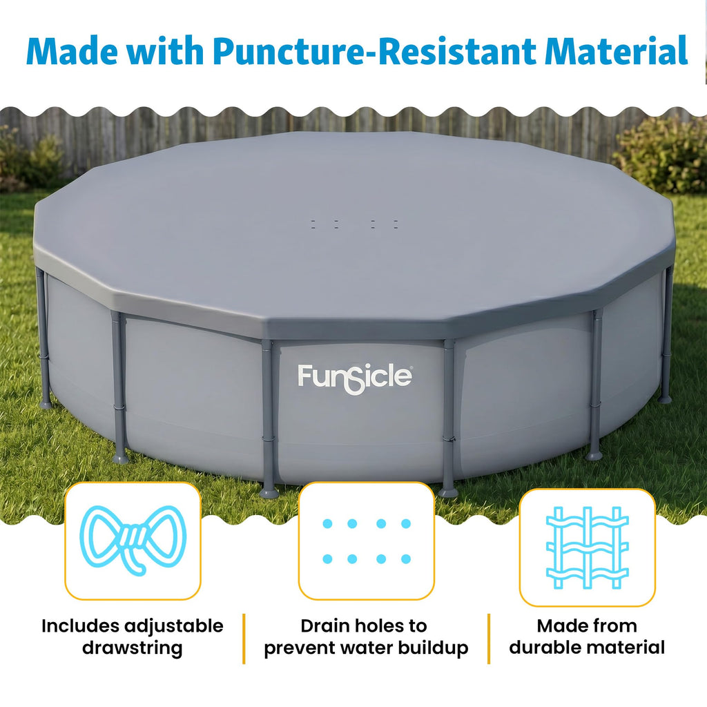Funsicle 14 Foot Durable Round Pool Cover with Adjustable Drawstring for Oasis, Activity, Quickset and Above Ground Outdoor Swimming Pool, Gray