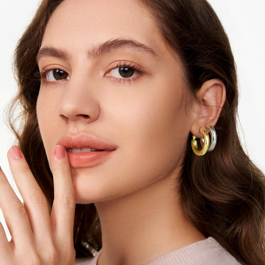 SHOWNII Chunky Gold Hoop Earrings - 14K Gold Plated Earrings for Women Hollow Tube Lightweight Thick Hoops Valentines Mother's Day Birthday Gifts