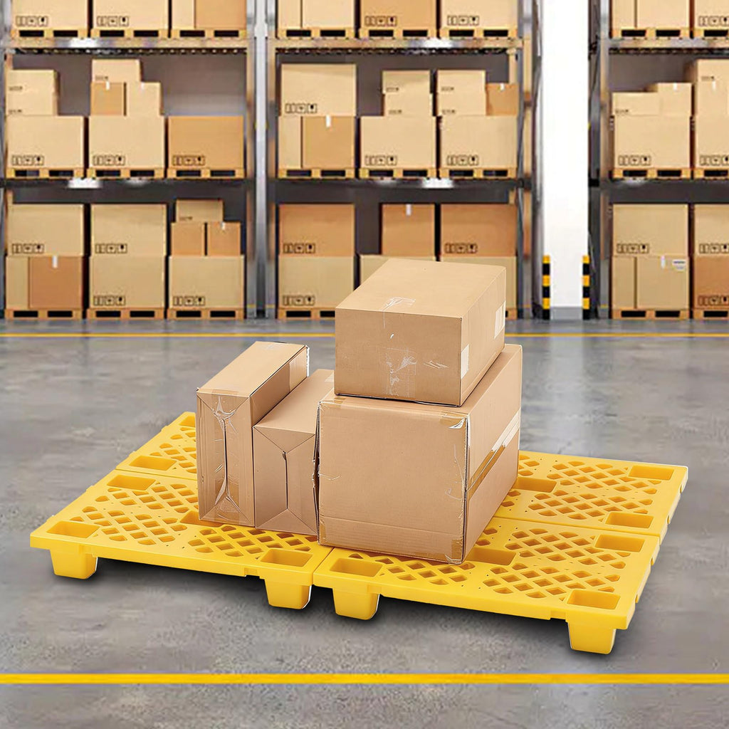 Singhoow 4 Pcs Plastic Pallets for Basement Storage Nestable Moisture Waterproof Lightweight Floor Pallets with Breathable Grid for Indoor Outdoor Supermarket Warehouse (23.6 x 15.8 x 3.9 Inch,Yellow)