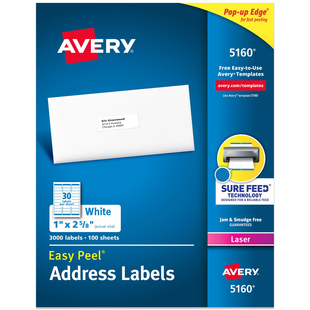 Avery Easy Peel Printable Address Labels with Sure Feed, 1" x 2-5/8" Customizable Stickers, White, 3,000 Blank Mailing Labels, Great for Mailing, Shipping, and More (5160)