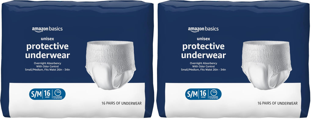 Amazon Basics Unisex Protective Underwear, Overnight Absorbency, Small/Medium, 16 Count (Pack of 2)