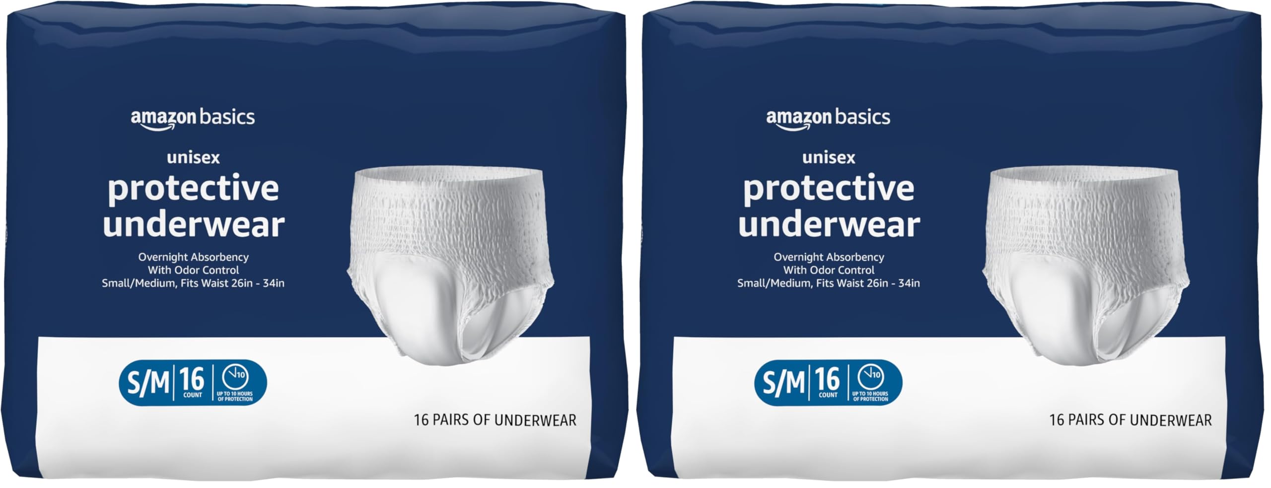 Amazon Basics Unisex Protective Underwear, Overnight Absorbency, Small/Medium, 16 Count (Pack of 2)