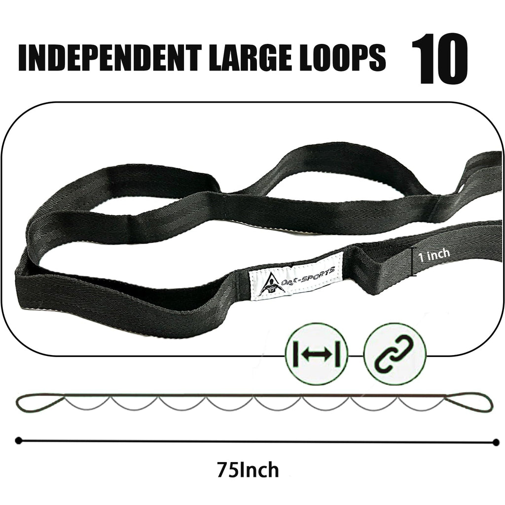 Stretching Strap Yoga Strap with Loops, Stretch Straps for Physical Therapy, Non-Elastic Exercise Strap for Pilates, Dance and Gymnastics with Workout Guide (Black+Black)