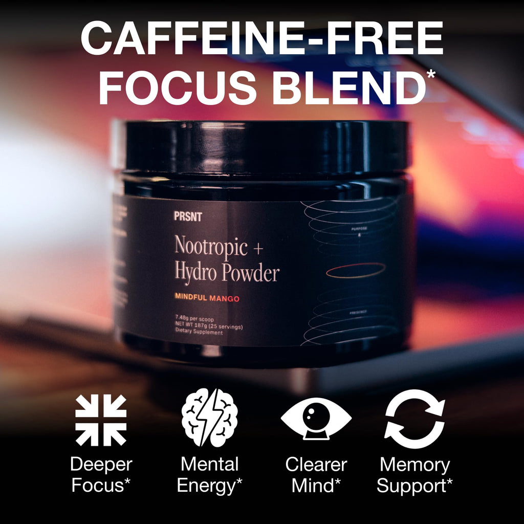 PRSNT Nootropic Focus Powder | Mango 25 Servings | Caffeine-Free, Sugar-Free | Supports Focus, Energy, Mental Clarity | Nootropic + Electrolytes Hydration Focus Drink Mix
