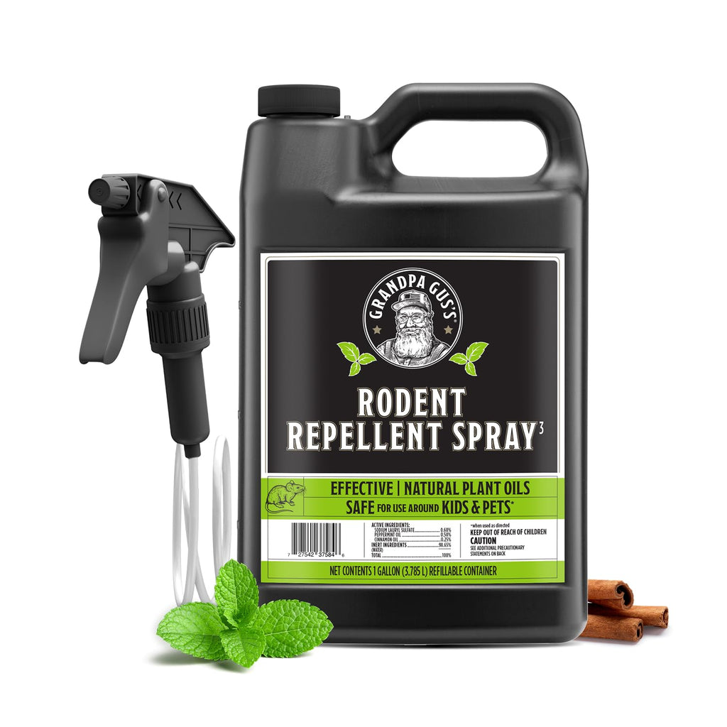 Grandpa Gus's Rodent Repellent Spray - Peppermint Oil and Cinnamon Oil Spray for Rodents & Mice - Plant-Based Mouse Deterrent for Cars, RVs, Garages & Indoor Spaces - Non-Staining Formula - 128 oz