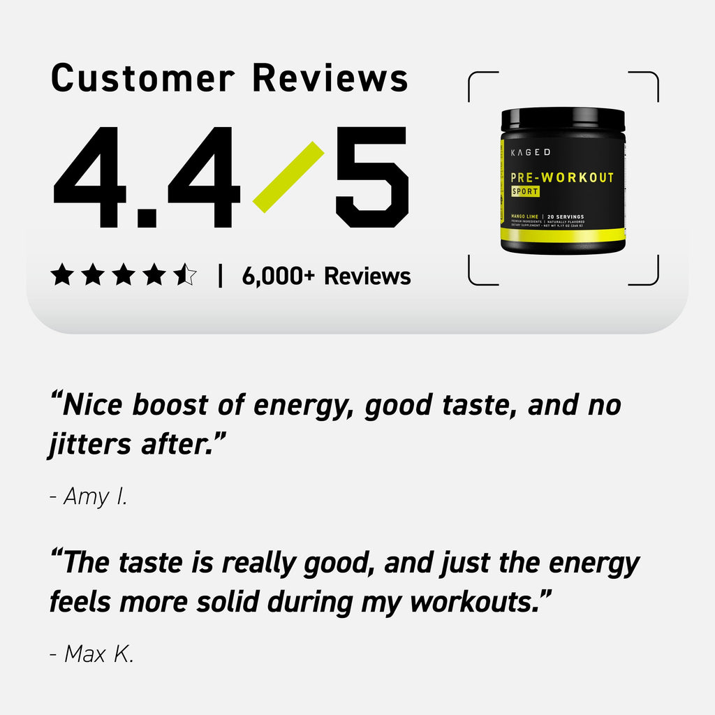 Kaged Sport Pre Workout Powder for Men & Women, Mango Lime, Sport Certified, 188mg Caffeine, Nitric Oxide Supplement, Beta Alanine for Energy, Weightlifting, Cardio Endurance & Strength, 20 Servings