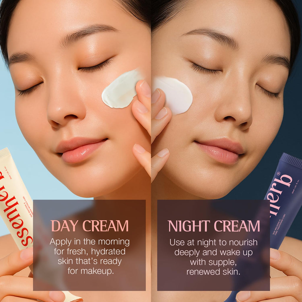 ESSENHERB Day to Night Routine Program, Deep Hydration Day cream with Tocopherol(1.01oz) + Anti Wrinkle Night Cream with Retinol & Collagen(1.01oz), Vegan Face Moisturizer Set, Korean Skin Care