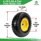 LTNICER 10" Solid Rubber Tires and Yellow Wheels 4.10/3.50-4 (10 x 3.5) Flat Free Tire with 5/8" Bearings,Heavy-Duty Replacement Tire For Gorilla Carts,Wagon,Wheelbarrow,Garden cart(2 Pack)