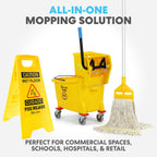Simpli-Magic Side Press Wringer Combo Commercial Mop Bucket on Wheels, 35 Quart,Yellow, Including Wet Floor Caution Sign and Set, Polyethylene