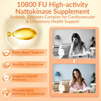 Liposomal Nattokinase 10800 FU Supplement Softgels, Ultimate 8-in-1 Nattokinase Serrapeptase Enzyme Blend w. Bromelain Curcumin CoQ10 K2 MK7 for Circulatory Heart & Digestive Spike -Men & Women