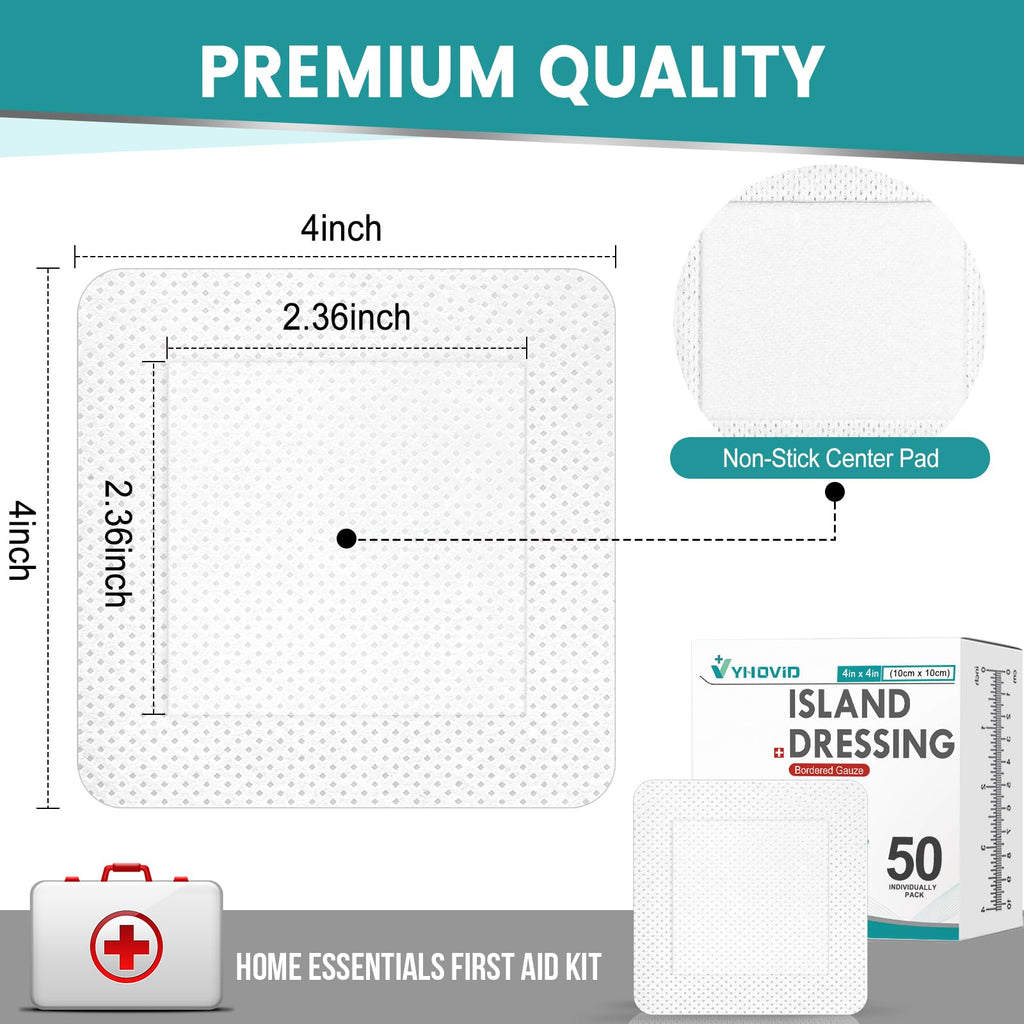 50 Count Island Dressing Bordered Gauze 4" x 4", Gauze Pads Individually Wrapped, Non-Stick Pad in Center with Adhesive Border, Bandages for Wounds, First Aid