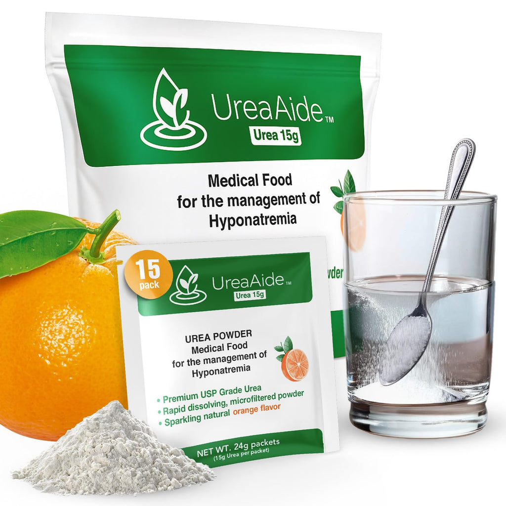 KidneyAide UreaAide Urea Powder Sparkling Natural Orange Flavor for Low Sodium 15 Packs Urea Powder for Hyponatremia, SIADH, Nephrologist Invented 100% Medical Grade Urea 15 gram Urea Per Packet