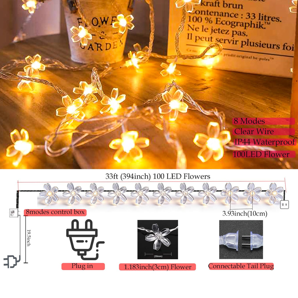 33ft 100 LED Plug in Glow Warm Fairy Flower String Lights Christmas Decor