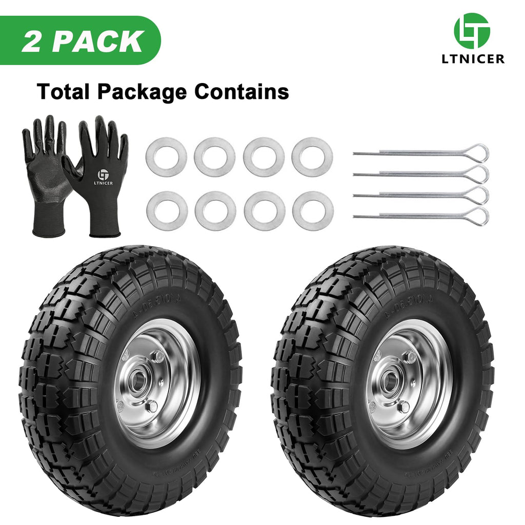LTNICER 4.10/3.50-4 Tire Wheels Flat Free 10" Heavy Duty Solid Flat-Free Replacement Tire with 5/8 Axle Compatible with Gorilla Carts, Wheelbarrow, Dolly, Hand Truck (2-Pack)