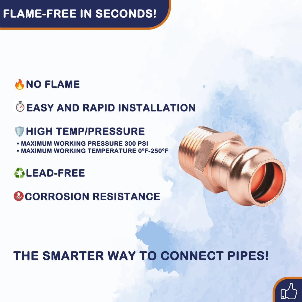 Cherbo Copper Press Fittings 3/4 inch Male Adapter Pressure Copper Fitting P x Male NPT Connection for Residential, Commercial 10-Pack