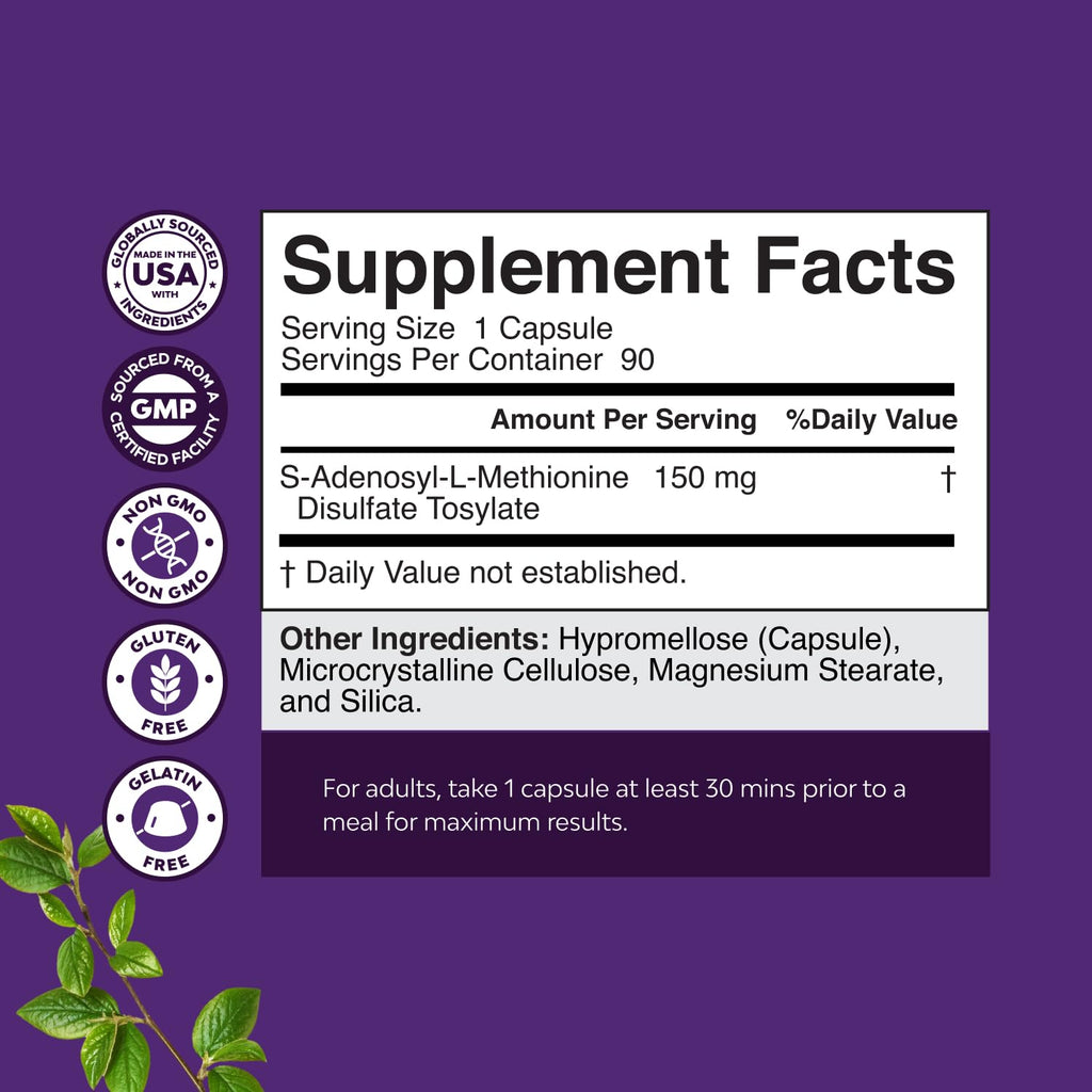 Pure SAM E Supplement 150mg - Nootropic Same 150mg Per Serving for Memory & Brain Support Joint & Liver Health - Natural S-adenosylmethionine for Mood Balance - 90 Count