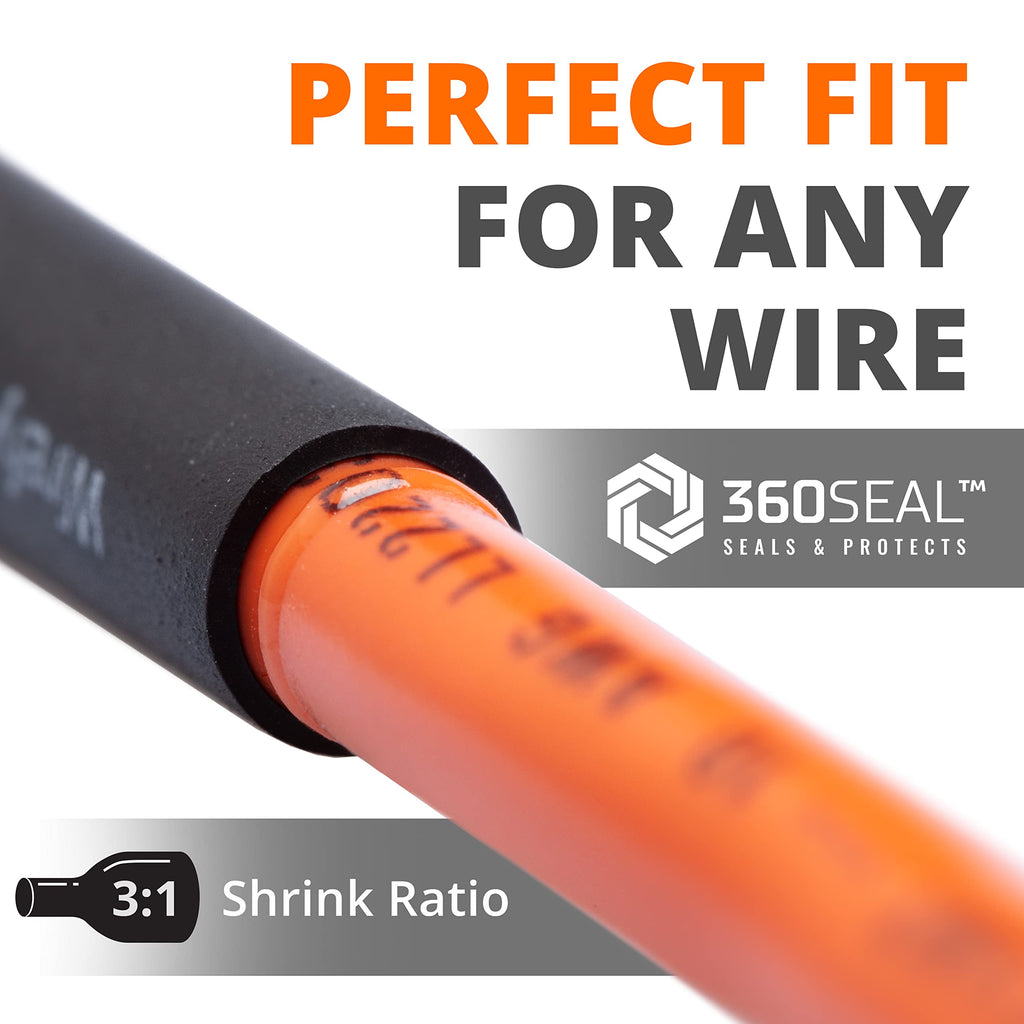 Wirefy Heat Shrink Tubing Kit 180 PCS - 3:1 Ratio Adhesive Lined, Wire Shrink Wrap Tubing - Industrial Heat-Shrink Tubing - Black - Shrink Wrap Tubing | Trusted UL Certification
