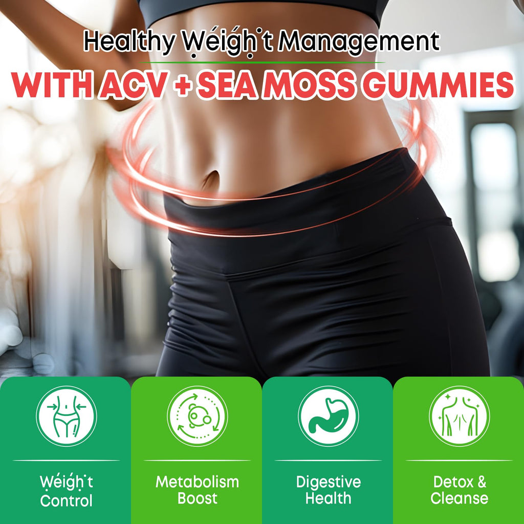 Vazatisi 2 Pack Apple Cider Vinegar Gummies, ACV with Sea Moss Gummies for Metabolism, Digestion, Detox, Gut & Immune Health, Apple Flavored -120 Count