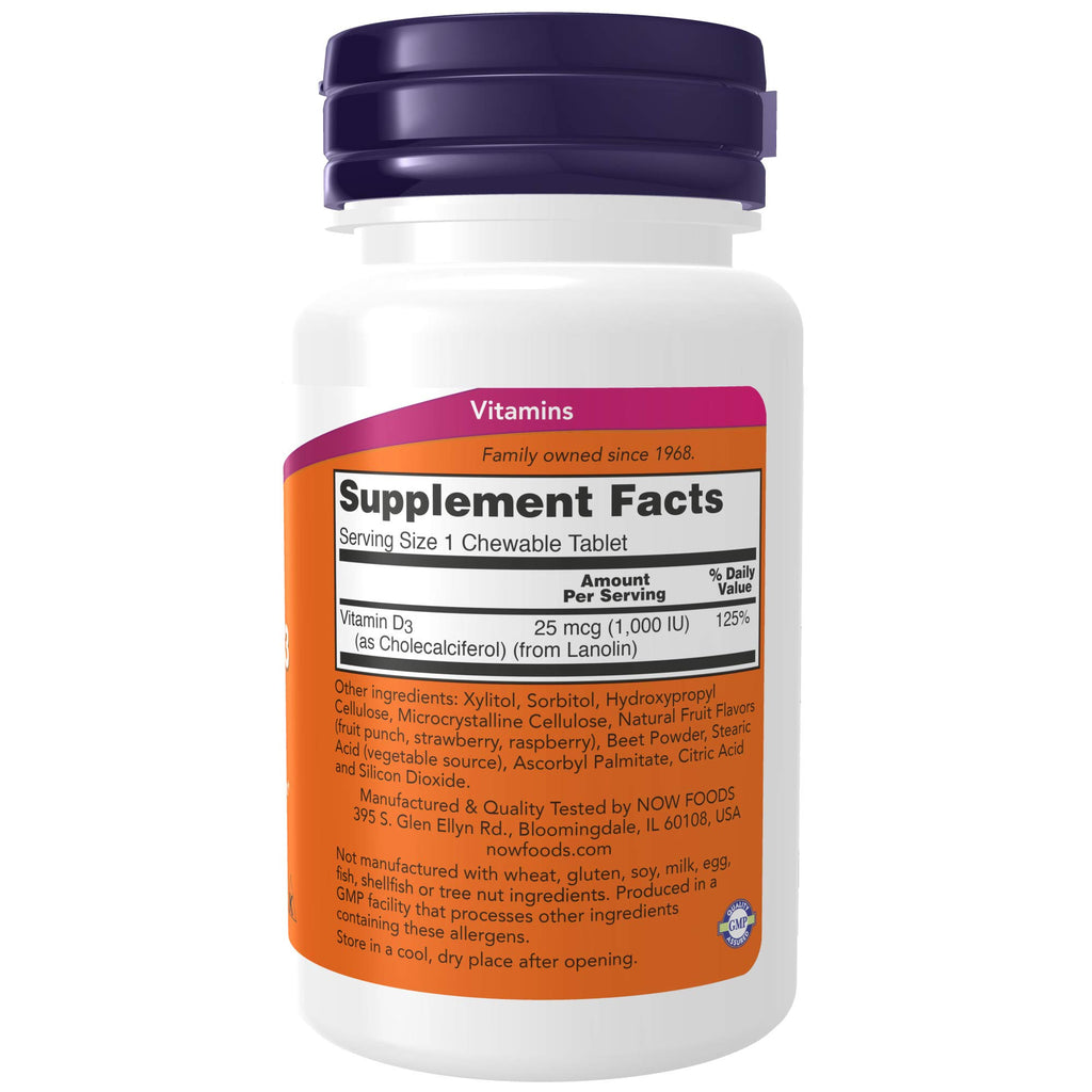 NOW Foods Supplements, Vitamin D-3 1,000 IU, Natural Fruit Flavor, Structural Support*, 180 Chewables (Pack of 2)