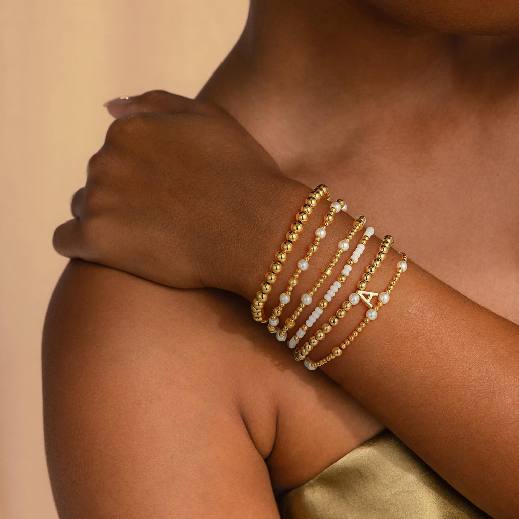 Turandoss 18K Gold Plated Beaded Initial Bracelet for Women Jewelry Gifts
