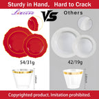 Liacere 350PCS Red Plastic Plates - Red Disposable Plates With Gold Rim - 50Guest Baroque Plastic Dinnerware include 100Plates-50Pack Pre Rolled Napkins with Silverware 50Cups for Independence Day