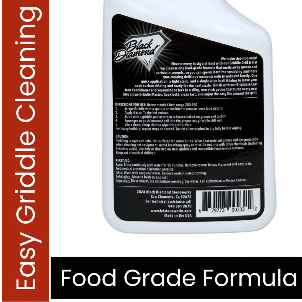 Black Diamond Stoneworks Griddle & Grill Cleaner – Flat Top Griddle Cleaner, Non-Caustic, Food-Contact Safe, Unscented, Residue-Free, Stainless & Cold-Rolled Steel, 32 fl oz (32)