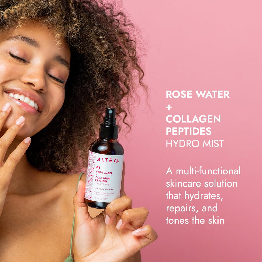 Alteya Organics Rose Water Face Toner – With Collagen Peptides & Hyaluronic Acid – Hydrating Facial Mist for Anti-Aging, Firming & Radiant Skin – 4 Fl Oz / 120mL