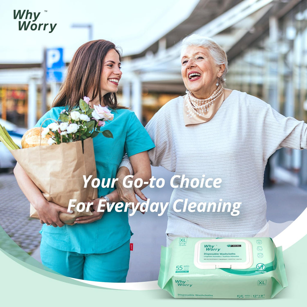 WhyWorry Wet Wipes for Adults, 8"x12" Extra Large Body Cleansing Wipes for Elderly & Incontinence, Extra Thick Adult Washcloths Disposable with Aloe & Vitamin E, Unscented, 55 Count