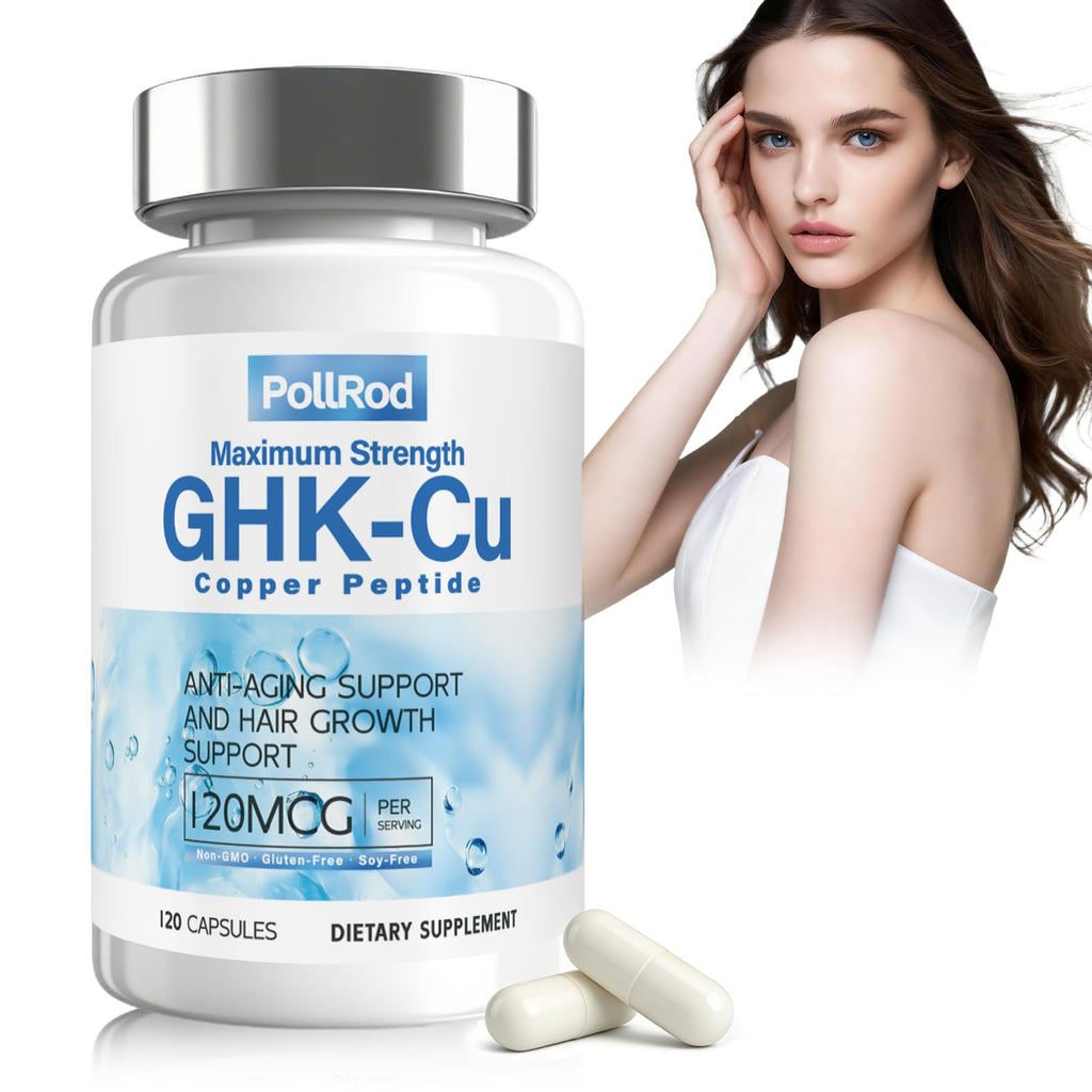 PollRod GHK-Cu Copper Peptide Supplement, 120 Capsules. It Helps Enhance Skin Elasticity, Nourish Hair and Nails. It is a Non-Genetically Modified Product. Each Capsule Contains 120Mcg.