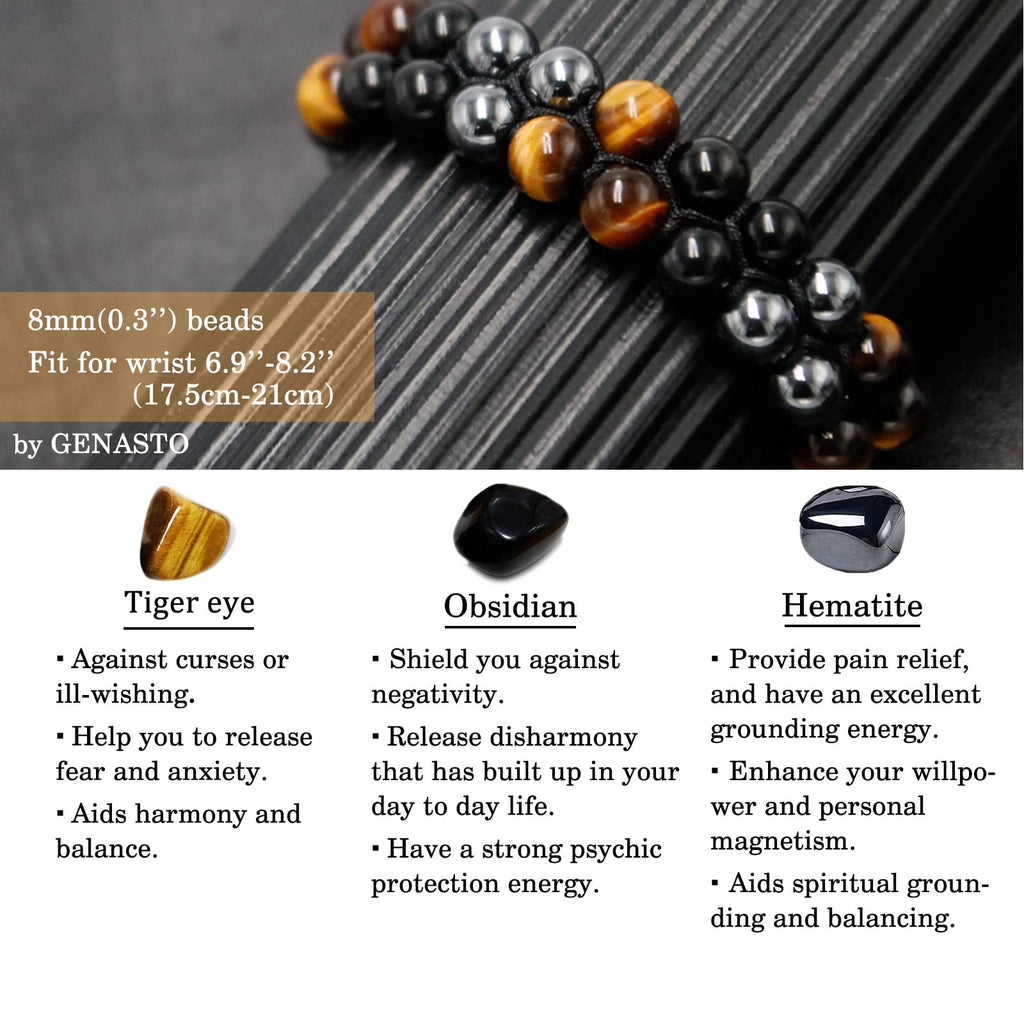 GENASTO Healing Crystals Tigers Eye Black Obsidian Hematite 8mm Stone Beads Good Luck Triple Protection Bracelet for Men Women