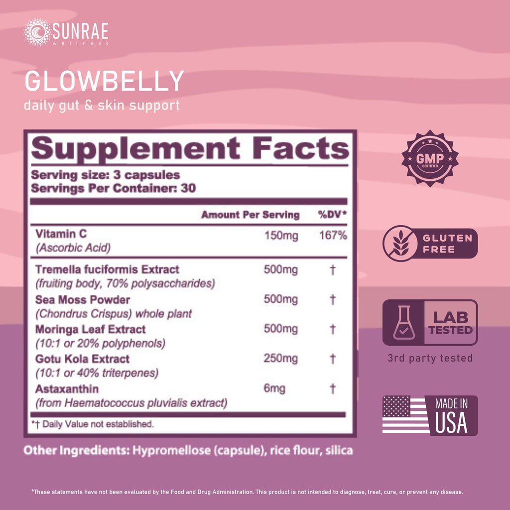 Sunrae Wellness Glowing Skin Supplement with Gotu Kola, Moringa, Sea Moss, Astaxanthin & Tremella Mushroom – for Skin Hydration, Gut Health, Anti-Aging & Radiance – 90 Capsules