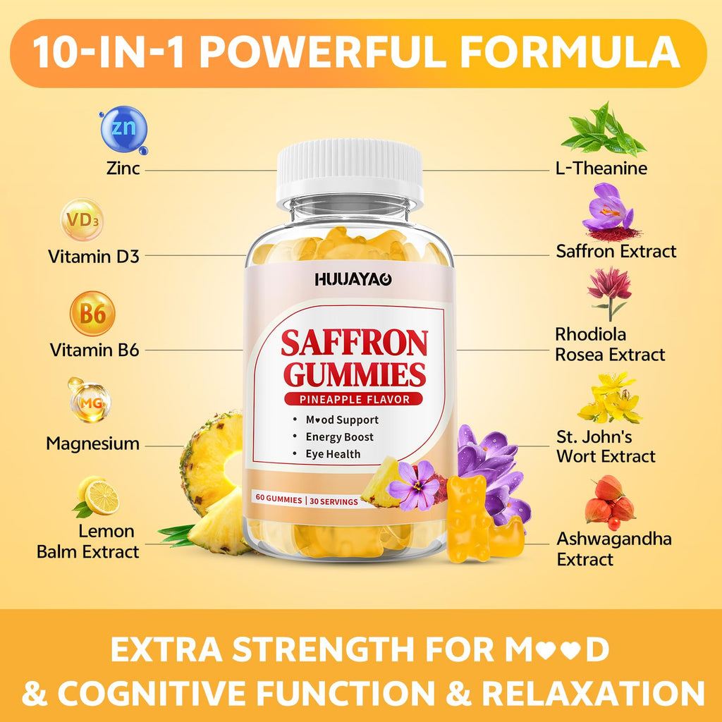10-IN-1 Saffron Gummies, Sugar Free Saffron Supplements with Ashwagandha, L-Theanine, Rhodiola Rosea, Vitamin D3, B6, Magnesium & Zinc for Mood, Energy, Focus Support, Pineapple Flavor, 60 Count