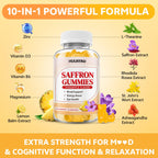 10-IN-1 Saffron Gummies, Sugar Free Saffron Supplements with Ashwagandha, L-Theanine, Rhodiola Rosea, Vitamin D3, B6, Magnesium & Zinc for Mood, Energy, Focus Support, Pineapple Flavor, 60 Count