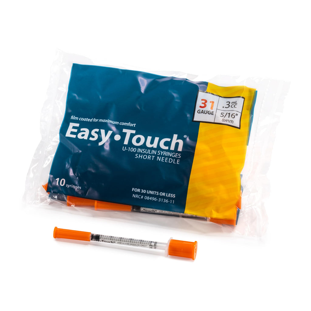 Easy Touch 31 Gauge U-100 Insulin Syringes (31G 0.3cc 5/16”) with 5/16” Short Needle, 0.3cc (30 Unit Capacity), Bold Markings for Accurate Dosing, Disposable, Box of 100