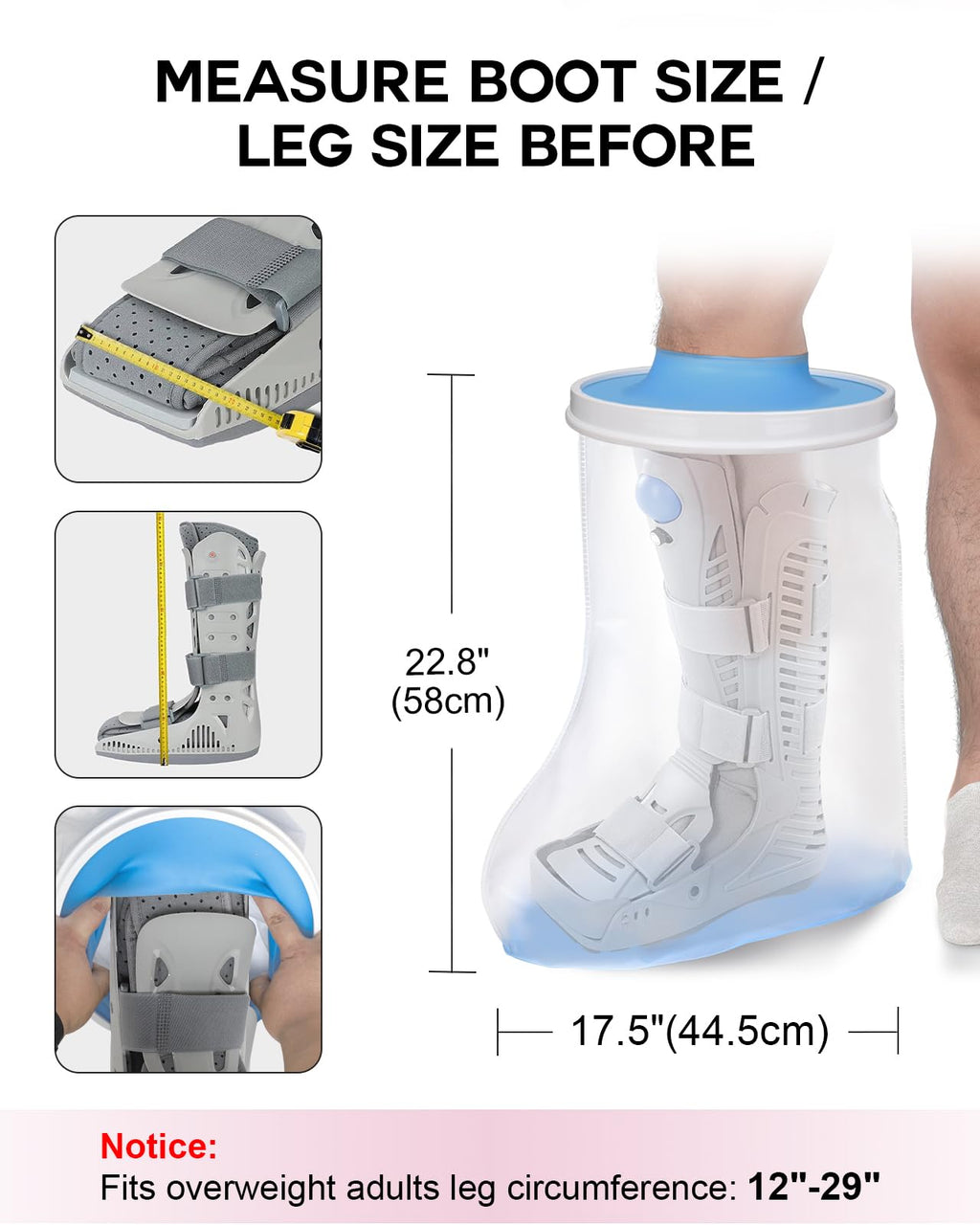 DNEOUXI Waterproof Extra Wide Leg Cast Cover for Shower, Extra Large Watertight Foot Protector Cover with Non-Slip Bottom for Plus Size Adults Surgery Casts Boots, Fits Leg Size 12"-29"