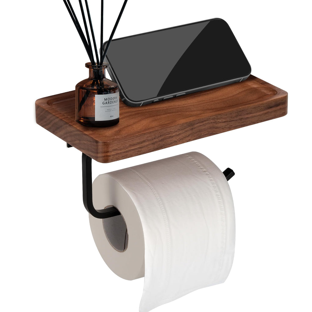 TOKCKYBL Toilet Paper Holder Walnut Wood Shelf - Wall Mount & Self-Adhesive