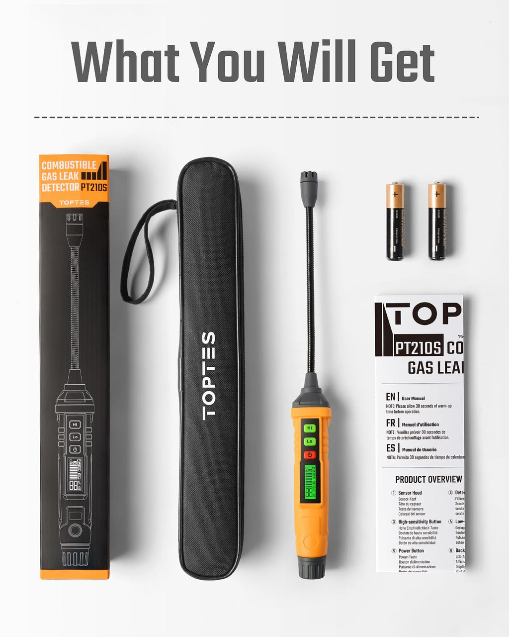 TopTes PT210S Gas Leak Detector, Natural Gas Detector with 4-inch Probe, Propane Leak Detector Locating Combustible Gases Like Natural Gas, Methane for Home, Measures%LEL (Incl. Batteries) - Orange