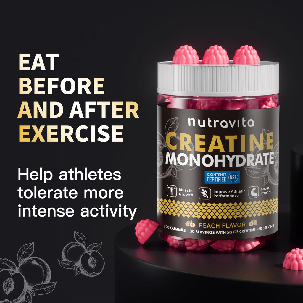 Creatine Monohydrate Gummies for Men & Women-5g of Creatine Monohydrate per Serving - Sugar Free,Vegan, Peach Flavor, 120 Count
